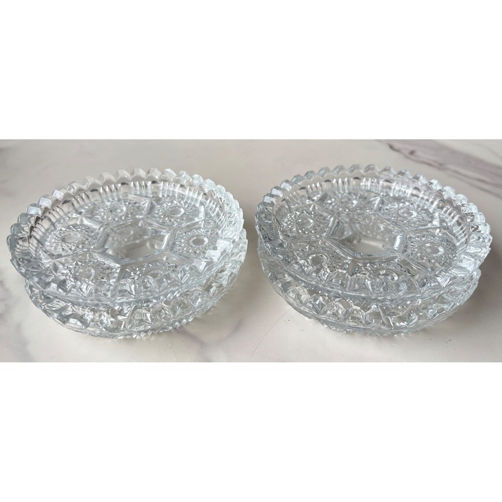 Vintage‎ Set of 4 Clear Pressed Glass Coasters Sawtooth Rim Starburst